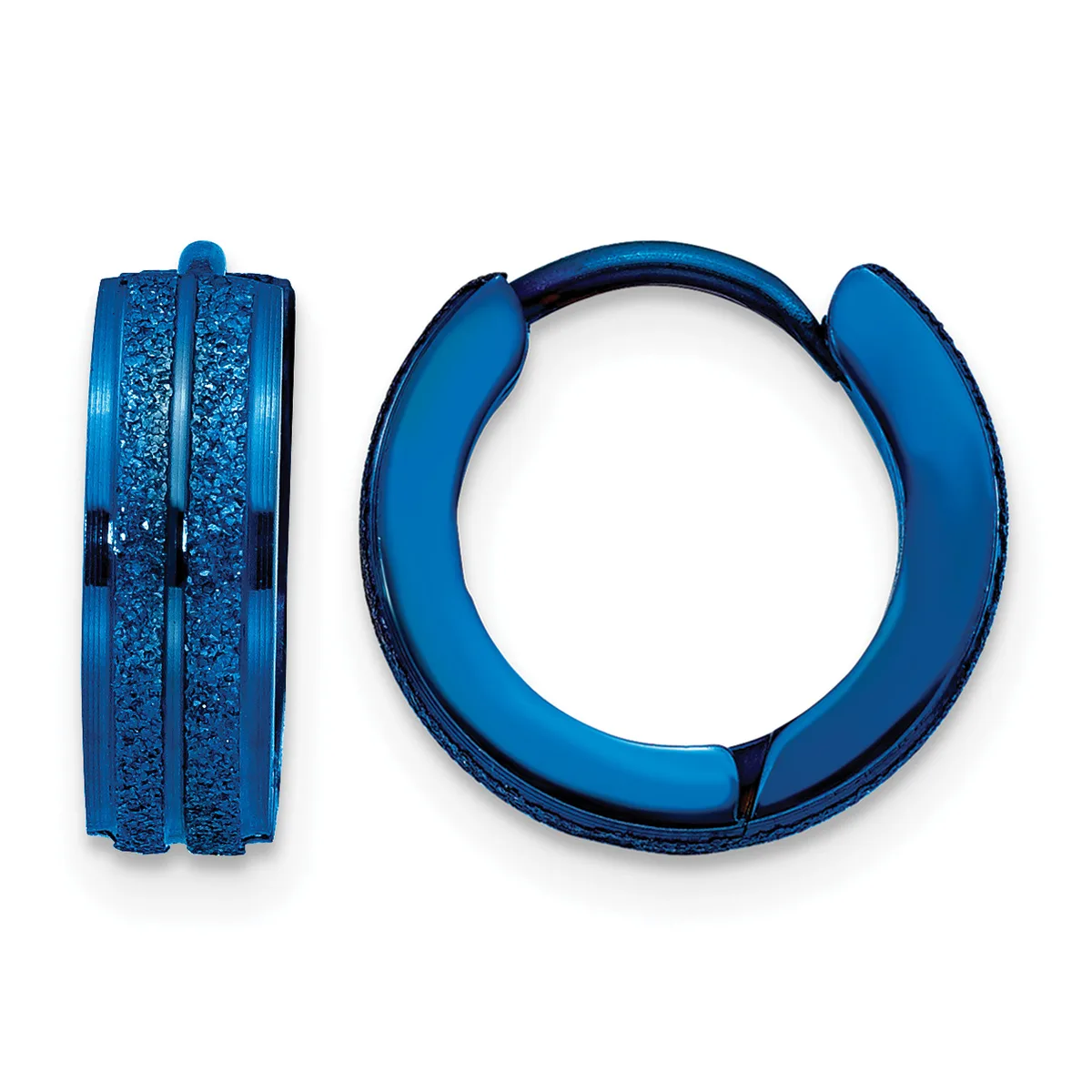 A pair of blue hoop earrings with a textured glitter finish on the outer surface, shown from front and side views.