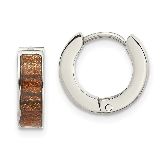 A pair of silver hoop earrings with a polished finish displayed next to a rectangular silver earring with a brown glittery inlay.