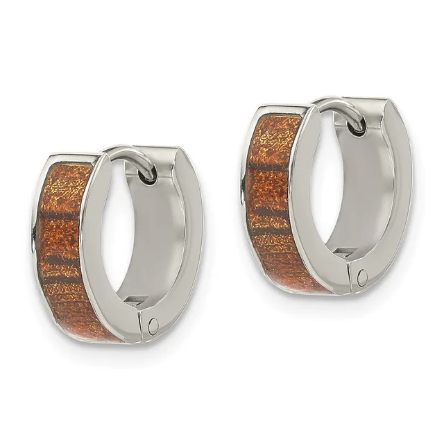 A pair of polished silver huggie hoop earrings with inlaid copper or bronze metallic bands, shown in two sizes.