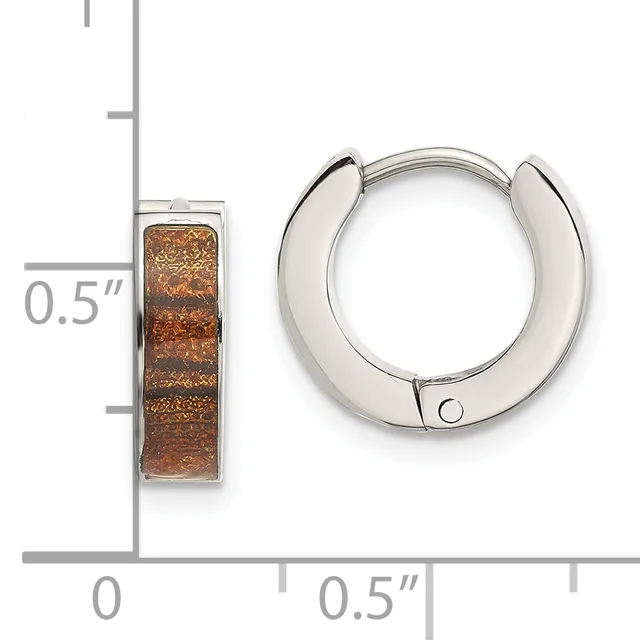 Silver huggie earrings with rectangular copper-colored textured inlays, shown next to a measurement scale indicating approximately half an inch in length.