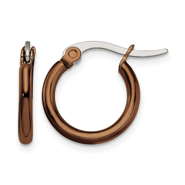 A pair of bronze-colored hoop earrings with a polished finish and silver-toned posts, shown from front and side views.