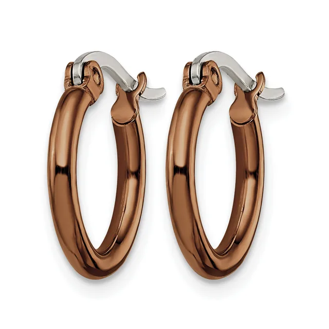A pair of polished rose gold hoop earrings with silver-toned posts and clutch backs, displayed side by side against a white background.