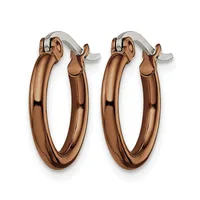 A pair of polished rose gold hoop earrings with silver-toned posts and clutch backs, displayed side by side against a white background.