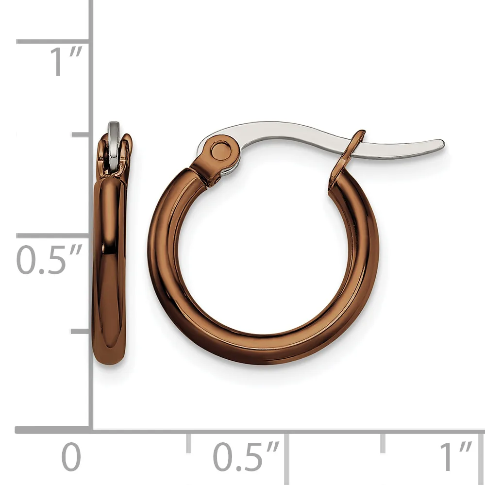 Pair of bronze-colored hoop earrings with posts and backs, shown front and side view next to a ruler indicating approximately one inch in diameter.