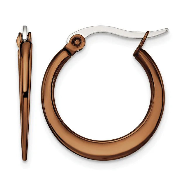 Pair of bronze hoop earrings shown from front and side views, featuring a polished tapered tube design with a hinged post closure.