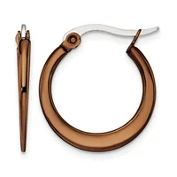 Pair of bronze hoop earrings shown from front and side views, featuring a polished tapered tube design with a hinged post closure.