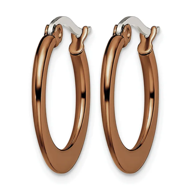 A pair of polished bronze-toned hoop earrings with chunky oval shapes and hinged closures, shown from the front.