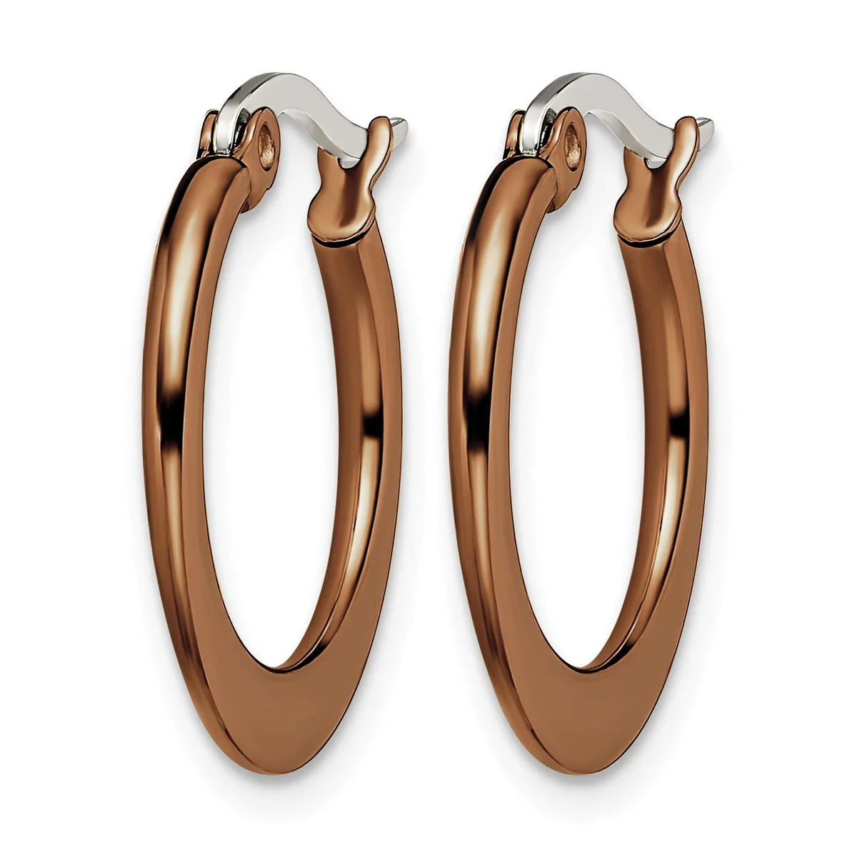 A pair of polished bronze-toned hoop earrings with chunky oval shapes and hinged closures, shown from the front.