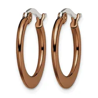 A pair of polished bronze-toned hoop earrings with chunky oval shapes and hinged closures, shown from the front.