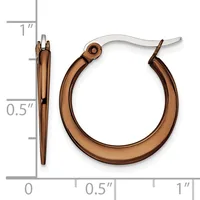 Pair of bronze-colored hoop earrings with a polished finish, shown next to a ruler indicating approximately one inch in diameter.