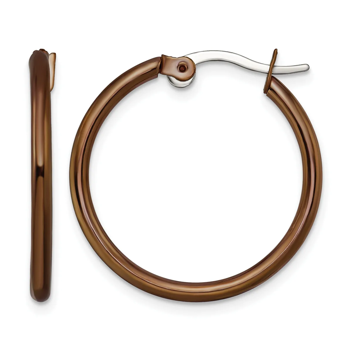 A pair of bronze-colored hoop earrings with a polished finish, shown from the front and side view, featuring a hinged post closure.