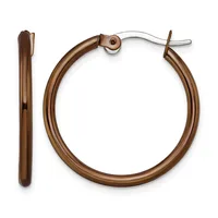A pair of bronze-colored hoop earrings with a polished finish, shown from the front and side view, featuring a hinged post closure.