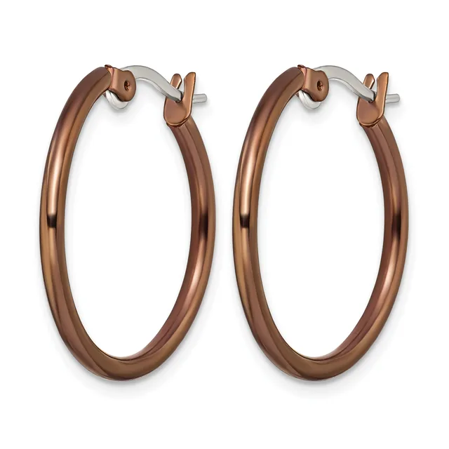 A pair of polished bronze-toned hoop earrings with hinged closures, displayed against a white background.