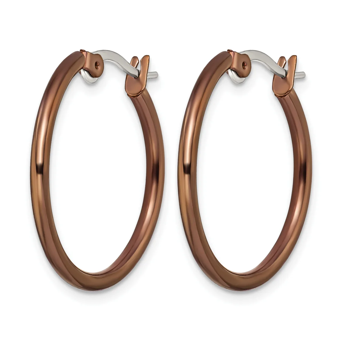 A pair of polished bronze-toned hoop earrings with hinged closures, displayed against a white background.