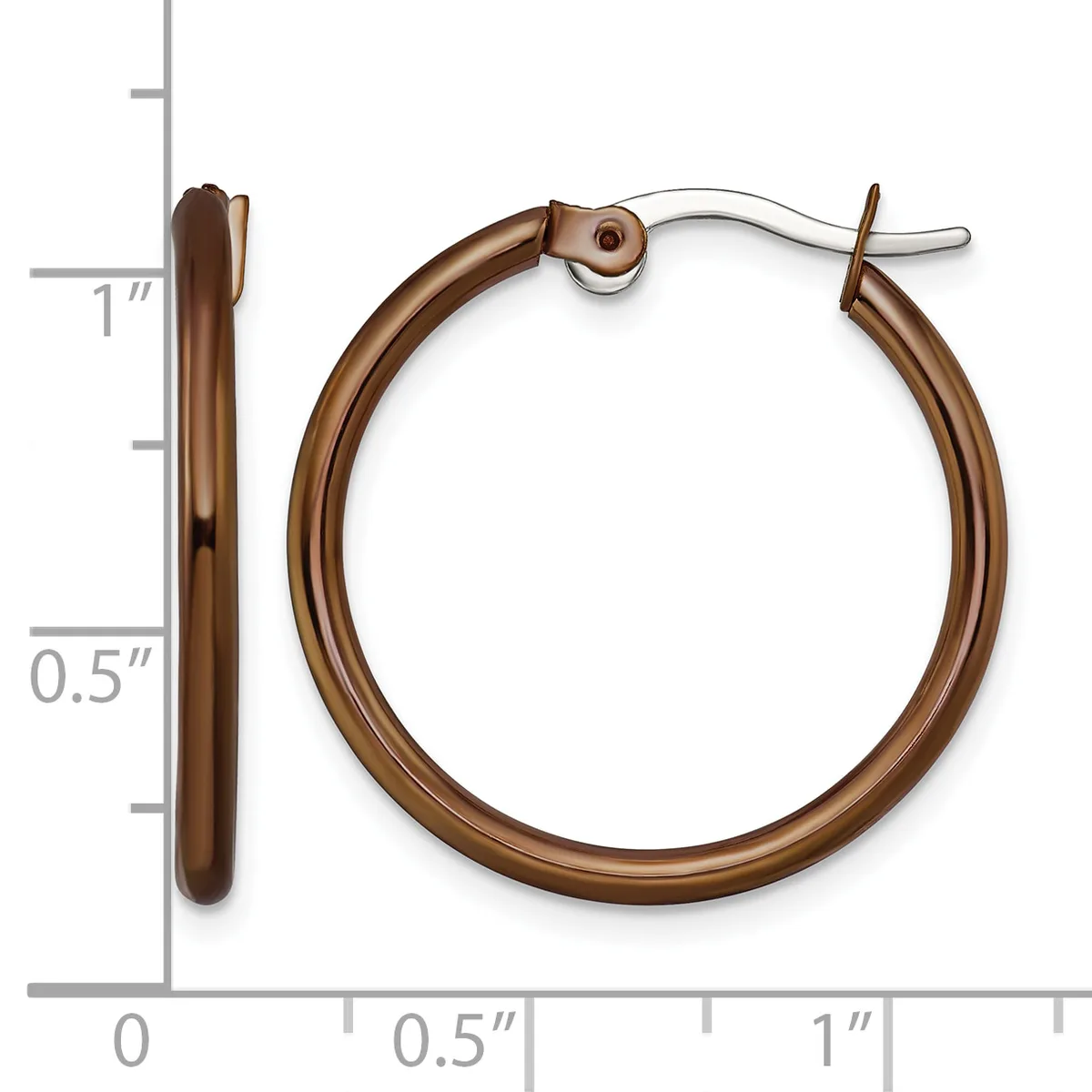 A pair of bronze hoop earrings with a hinged closure, shown from front and side views with a measurement scale indicating approximately one inch in diameter.