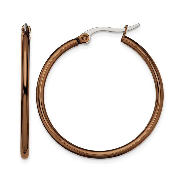 A pair of bronze hoop earrings with a polished finish, shown from front and side views with silver-tone ear wires.