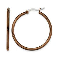 A pair of bronze hoop earrings with a polished finish, shown from front and side views with silver-tone ear wires.