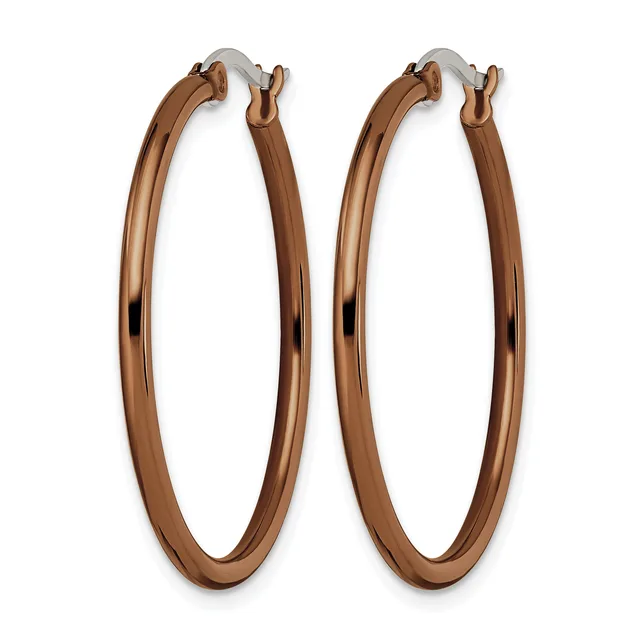 A pair of rose gold-toned hoop earrings with a polished finish and hinged closures, displayed against a white background.