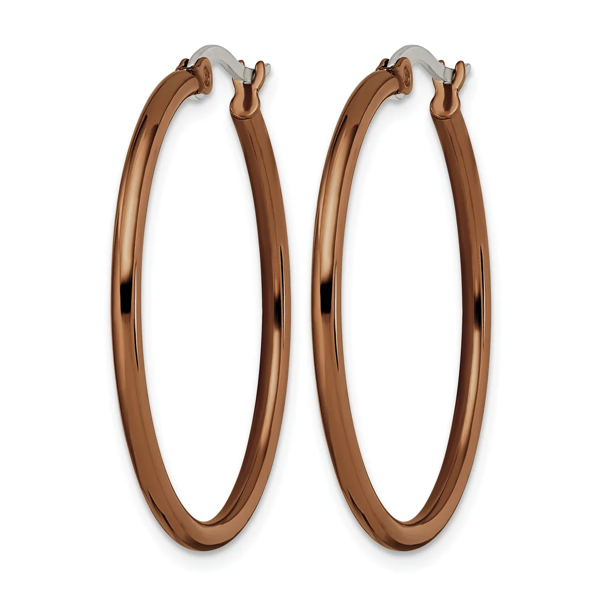 A pair of rose gold-toned hoop earrings with a polished finish and hinged closures, displayed against a white background.