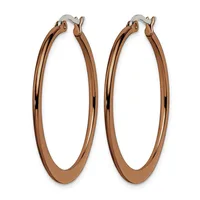 A pair of rose gold-toned hoop earrings with a polished finish and hinged closures, displayed against a white background.