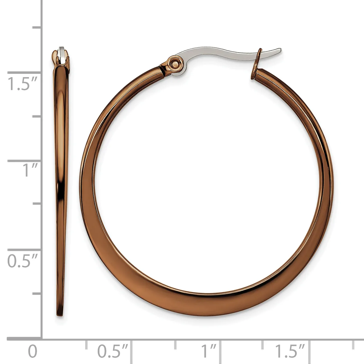 A pair of bronze-toned hoop earrings with surgical steel posts, displayed against a measurement scale showing they are approximately 1.5 inches in diameter.