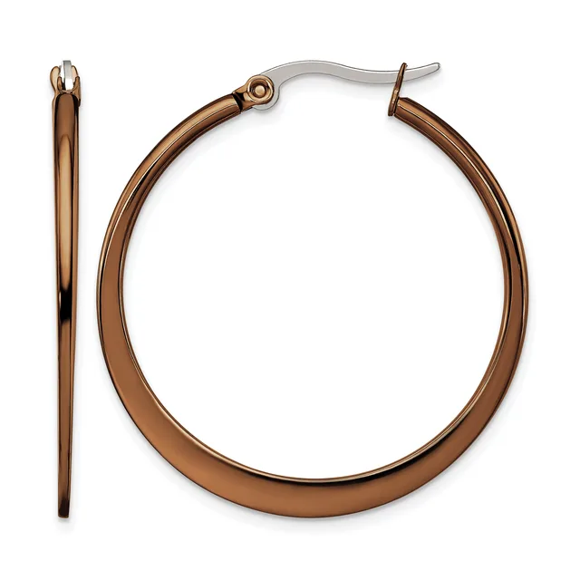 A pair of bronze-toned hoop earrings with a polished finish and hinged posts, shown from the front and side views.