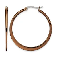 A pair of bronze-toned hoop earrings with a polished finish and hinged posts, shown from the front and side views.