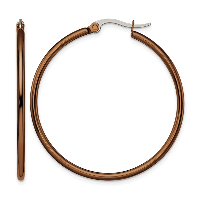 A pair of bronze-toned hoop earrings with a tubular design, shown from front and side views with surgical steel posts.