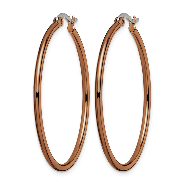 A pair of rose gold hoop earrings with a polished finish and hinged closures, displayed side by side against a white background.