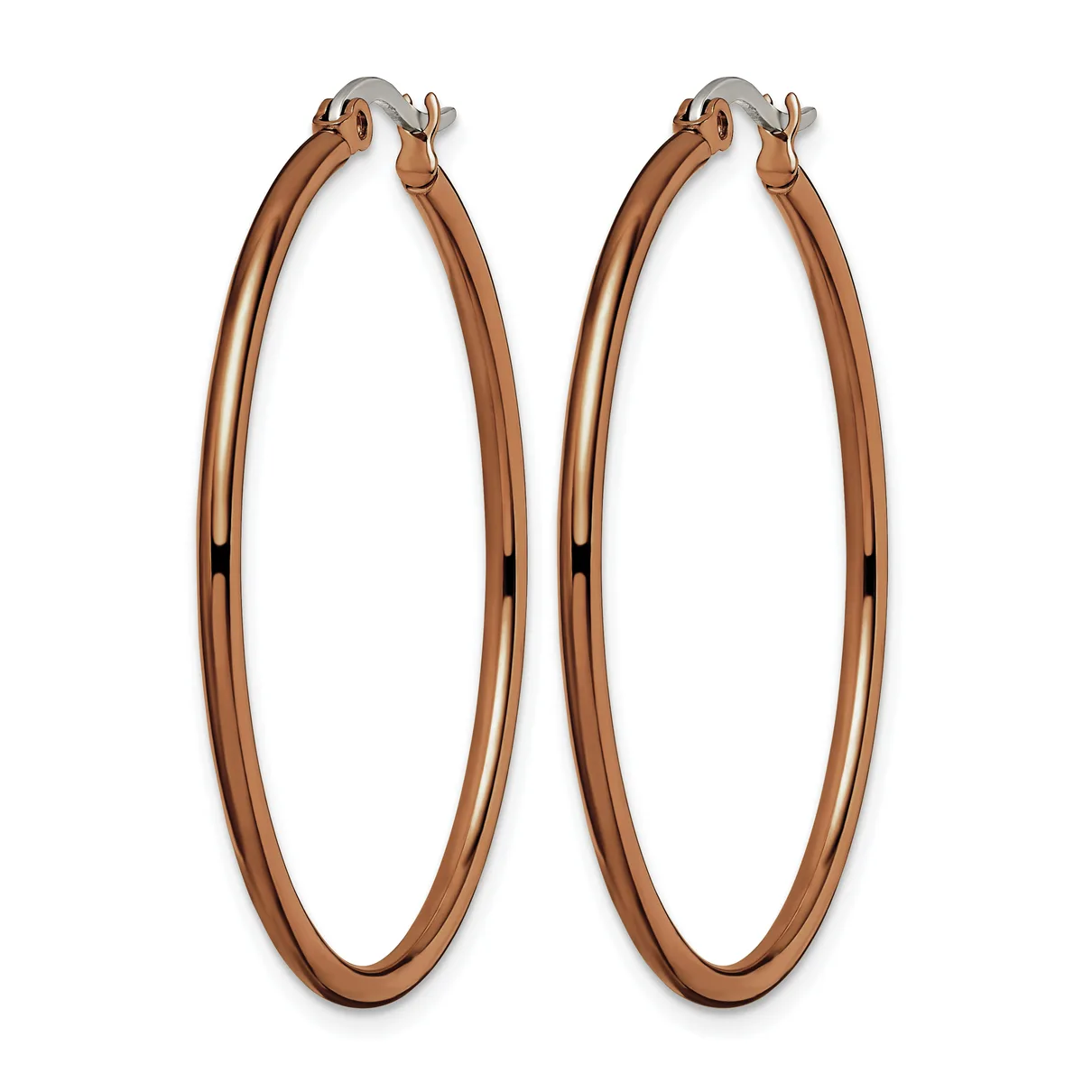 A pair of rose gold hoop earrings with a polished finish and hinged closures, displayed side by side against a white background.