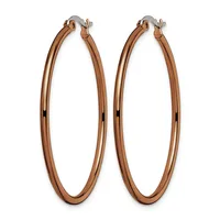 A pair of rose gold hoop earrings with a polished finish and hinged closures, displayed side by side against a white background.