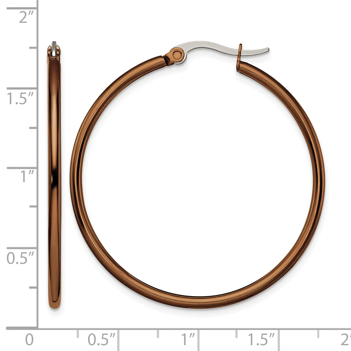 A pair of bronze-colored hoop earrings with a polished finish, shown next to a ruler indicating they measure approximately 1.75 inches in diameter.