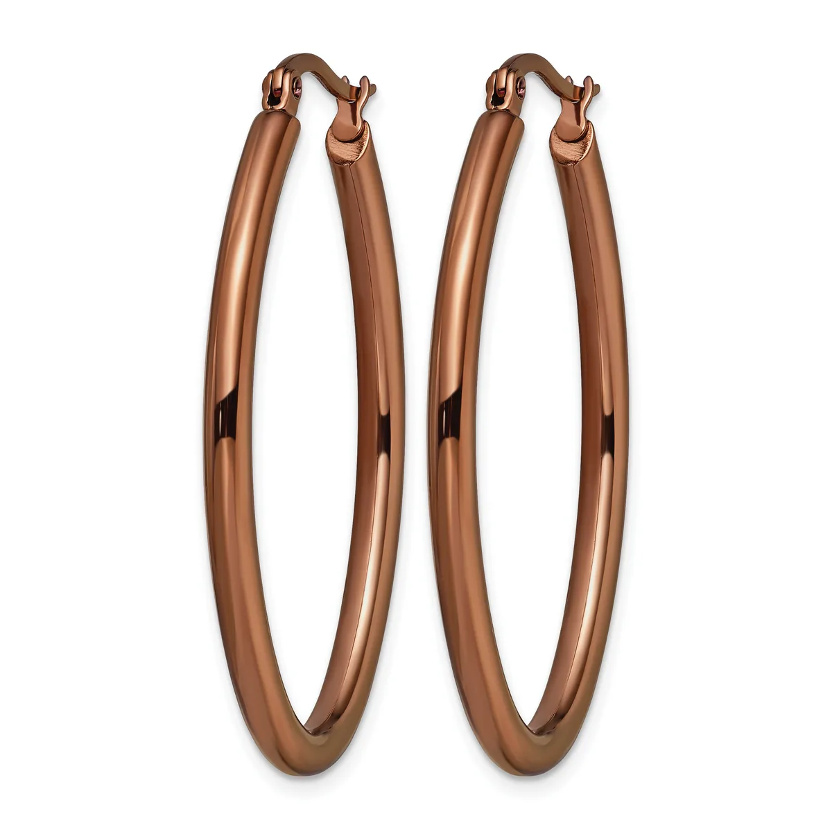 A pair of polished rose gold-toned hoop earrings with hinged closures, displayed side by side against a white background.