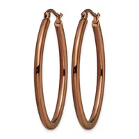 A pair of polished rose gold-toned hoop earrings with hinged closures, displayed side by side against a white background.