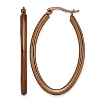 A pair of polished rose gold oval hoop earrings with hinged posts, shown from front and side views.