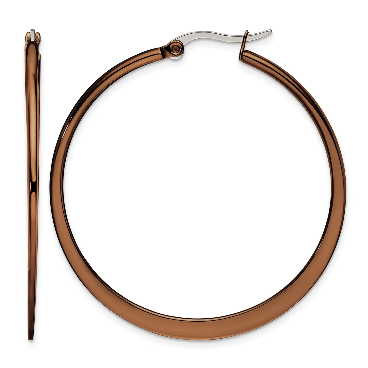 A pair of bronze-colored hoop earrings with a thick, tubular design and silver-toned posts, shown from the front and side views.