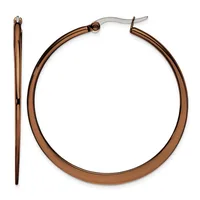 A pair of bronze-colored hoop earrings with a thick, tubular design and silver-toned posts, shown from the front and side views.