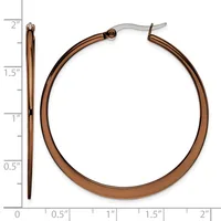 Pair of bronze hoop earrings with a polished finish, shown front and side view with a measurement scale indicating approximately two inches in length.