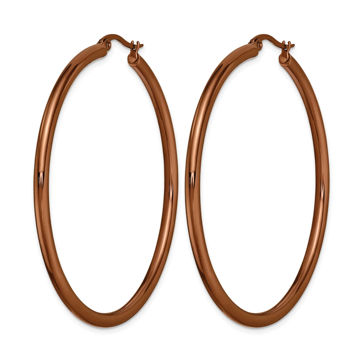 A pair of large copper-toned hoop earrings with a polished finish and hinged closures, displayed against a white background.