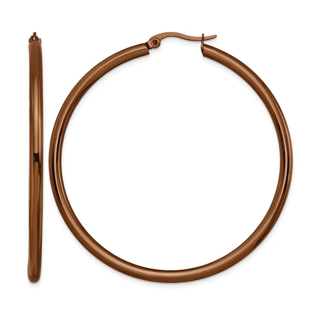 Pair of bronze-toned hoop earrings displayed against a white background, shown from the front and side view.
