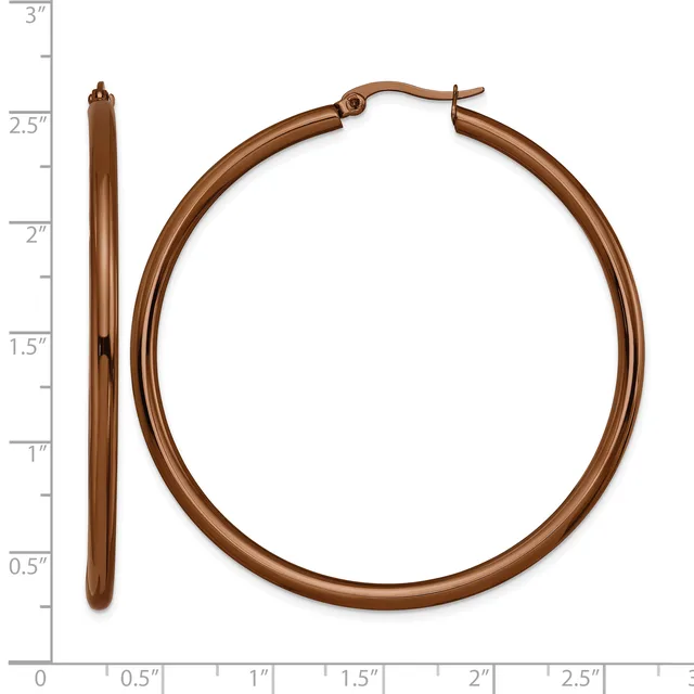 A pair of bronze hoop earrings displayed against a measurement scale, with one earring shown vertically and one horizontally, approximately 2 inches in diameter.