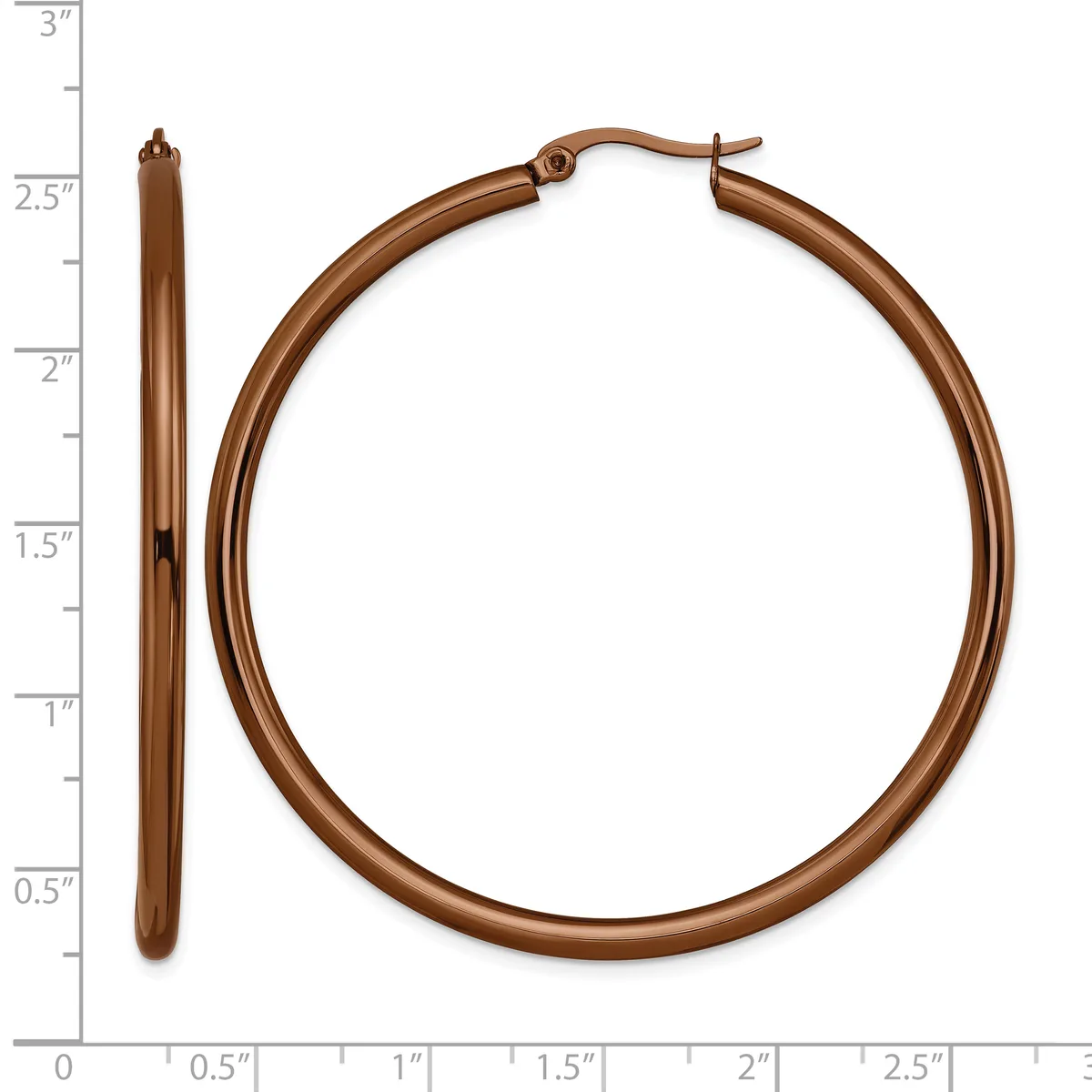 A pair of bronze hoop earrings displayed against a measurement scale, with one earring shown vertically and one horizontally, approximately 2 inches in diameter.