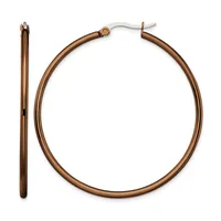 A pair of bronze-colored hoop earrings with a polished finish and silver-toned posts, shown from front and side views.