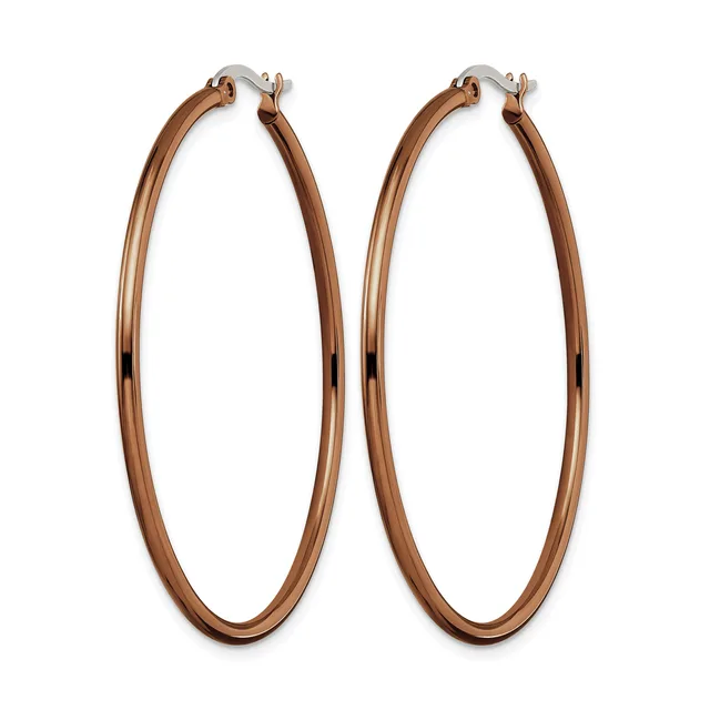 Pair of rose gold-toned hoop earrings with a polished finish and hinged closures, displayed against a white background.