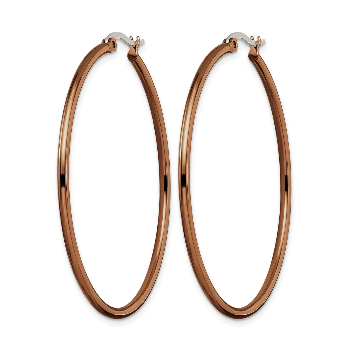 Pair of rose gold-toned hoop earrings with a polished finish and hinged closures, displayed against a white background.