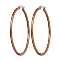 Pair of rose gold-toned hoop earrings with a polished finish and hinged closures, displayed against a white background.