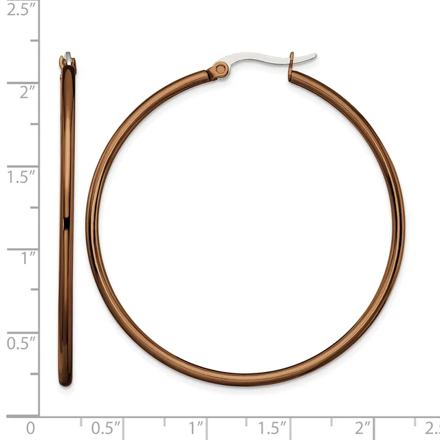 Pair of bronze-toned hoop earrings shown next to a ruler, with one earring displayed vertically and one horizontally, measuring approximately 2 inches in diameter.