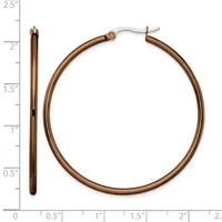 Pair of bronze-toned hoop earrings shown next to a ruler, with one earring displayed vertically and one horizontally, measuring approximately 2 inches in diameter.