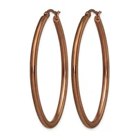 A pair of rose gold-toned oval hoop earrings with a polished finish and hinged clasp closures, displayed against a white background.