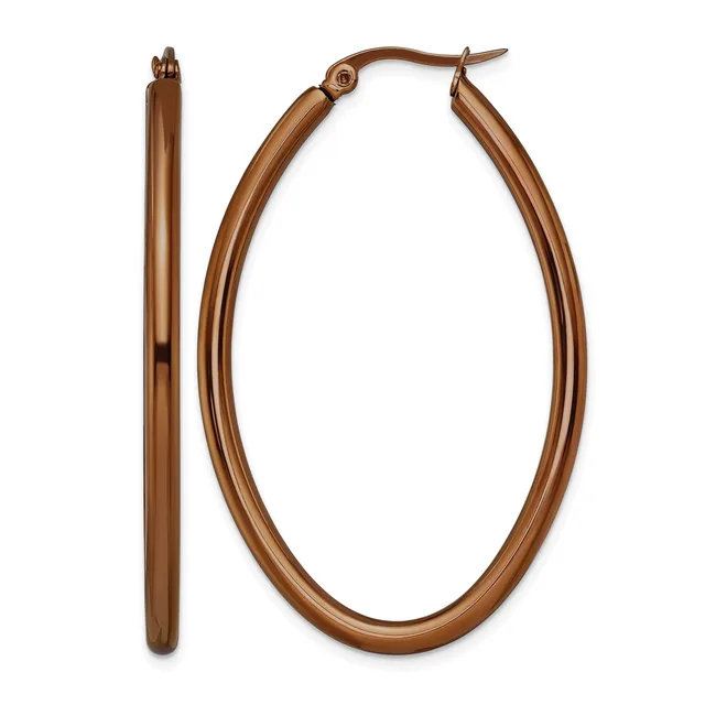 A pair of bronze-toned oval hoop earrings with a polished finish, shown from the front and side views.